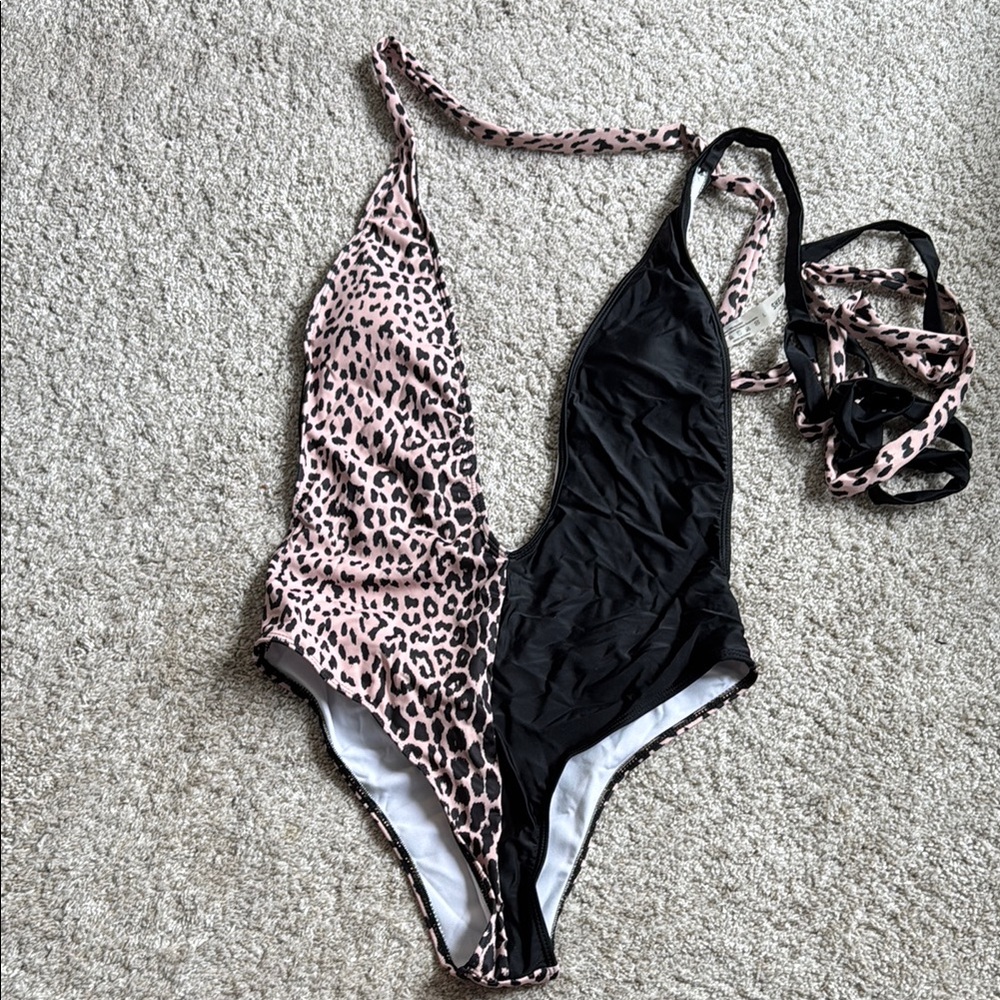 SHEIN Pink and Black One Piece Swimsuit with Asymmetrical Design